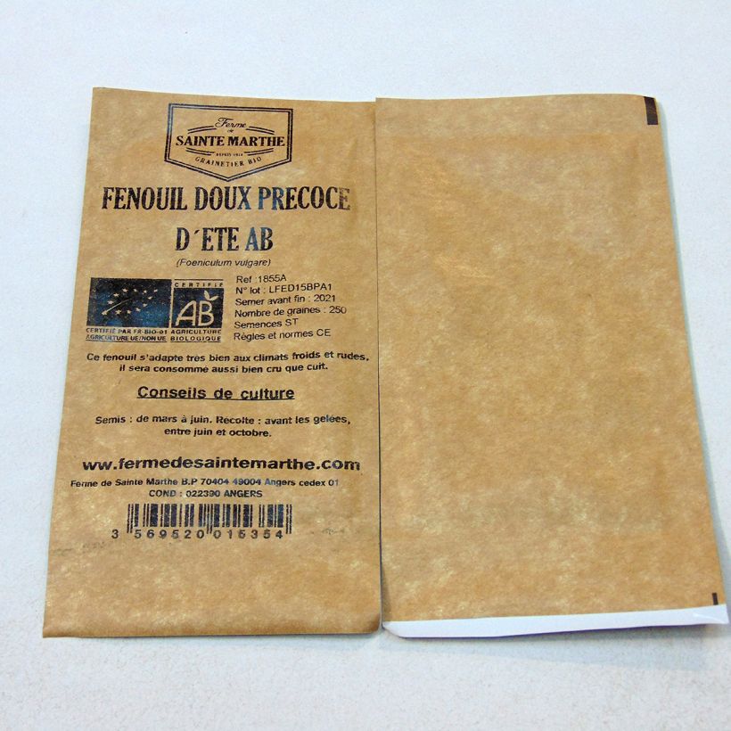 Voorbeeld van een exemplaar van Knolvenkel Doux Précoce d'Eté BIO - Ferme de Sainte Marthe het zakje met 250 zaden (1g) zoals geleverd