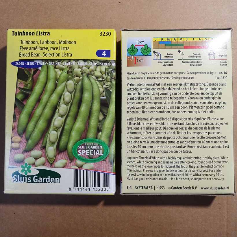Voorbeeld van een exemplaar van Tuinboon Driemaal Wit Listra het zakje met 42 zaden (85g) zoals geleverd