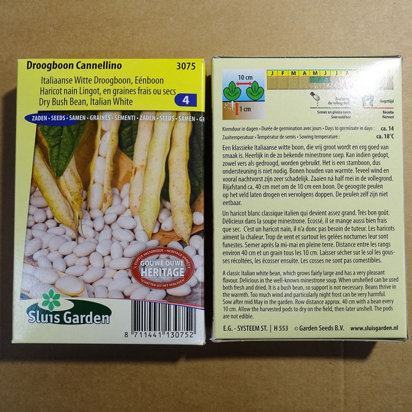 Voorbeeld van een exemplaar van Stamslaboon Cannellino het zakje met 200 zaden (100g) zoals geleverd