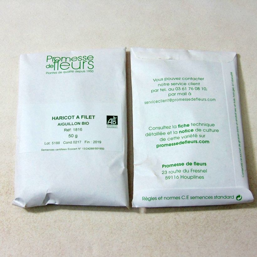 Voorbeeld van een exemplaar van Stamslaboon Aiguillon BIO het zakje met 200 zaden (75g) zoals geleverd