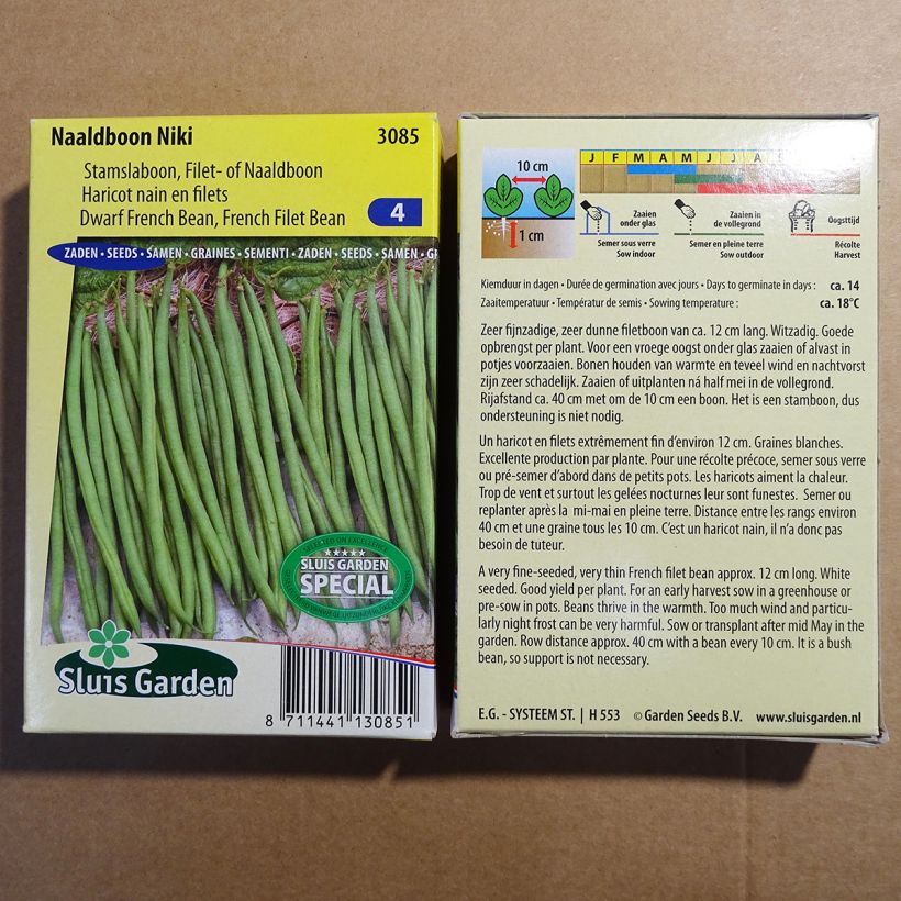 Voorbeeld van een exemplaar van Stamslaboon Niki het zakje met 150 zaden (75g) zoals geleverd