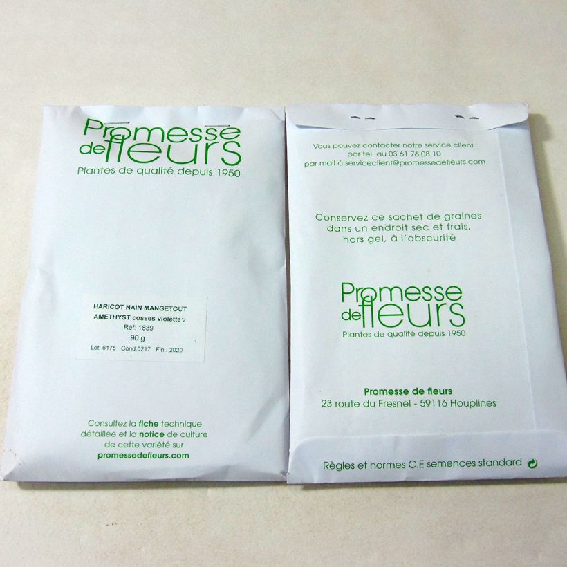 Voorbeeld van een exemplaar van Stamslaboon Amethyst het zakje met 225 zaden (90g) zoals geleverd