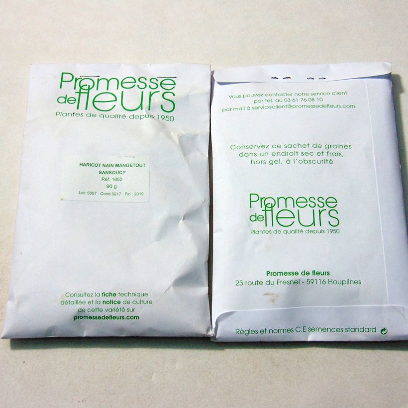 Voorbeeld van een exemplaar van Stamslaboon Sansoucy het zakje met 250 zaden (90g) zoals geleverd