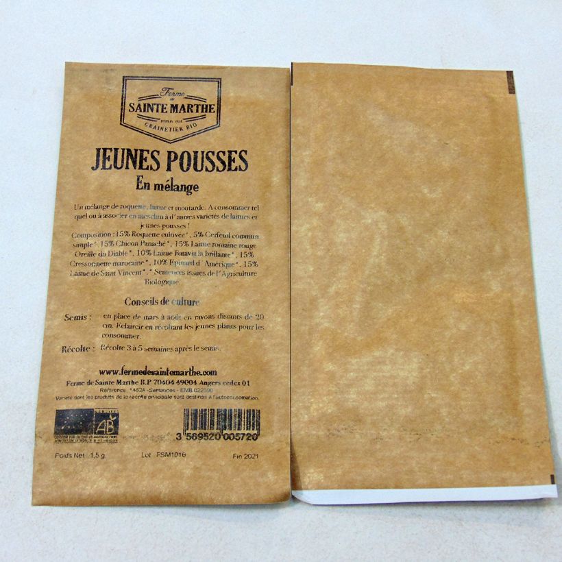 Voorbeeld van een exemplaar van Jonge scheuten in biologisch mengsel - Ferme de Sainte Marthe het zakje met 500 zaden zoals geleverd