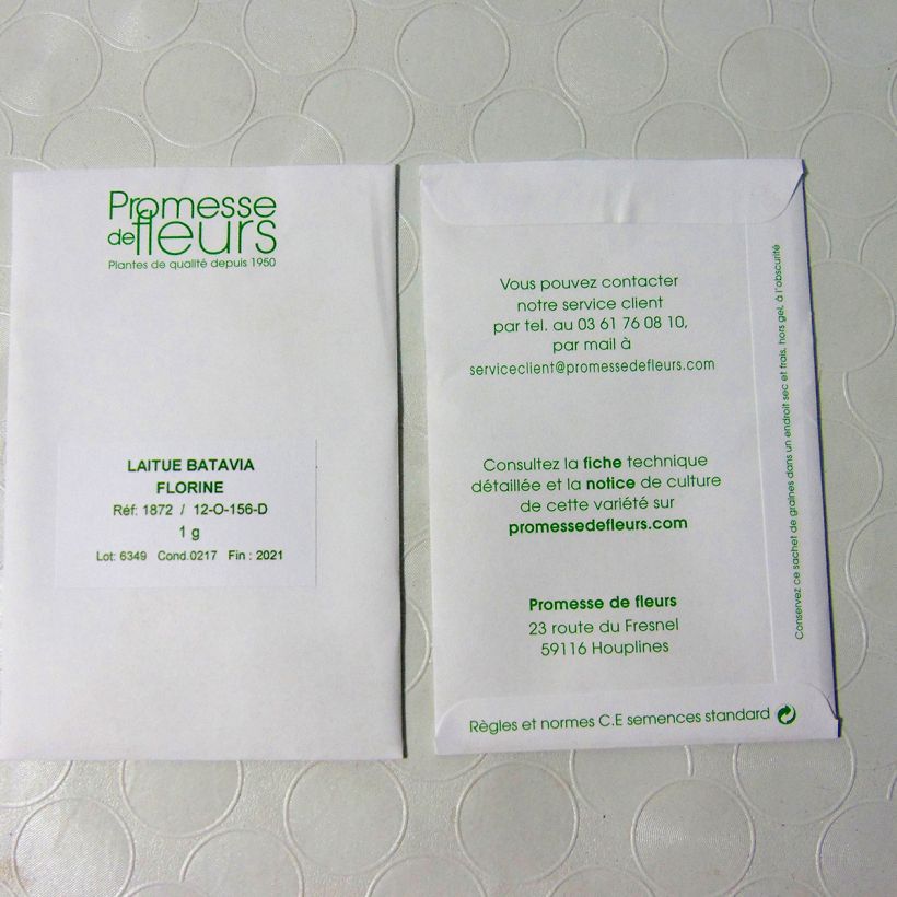 Voorbeeld van een exemplaar van Bataviasla Florine het zakje met 800 zaden (1g) zoals geleverd