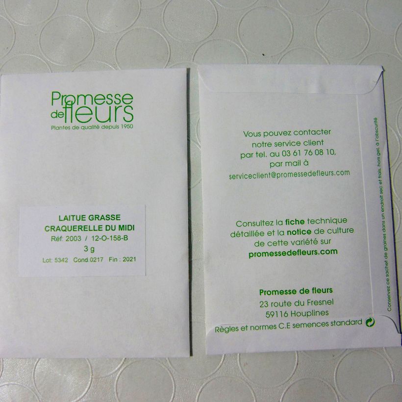 Voorbeeld van een exemplaar van Romaine sla Craquerelle du Midi het zakje met 2500 zaden (3g) zoals geleverd