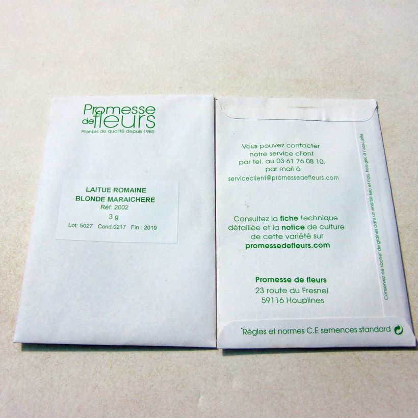 Voorbeeld van een exemplaar van Romaine sla Blonde Maraîchère het zakje met 2500 zaden (3g) zoals geleverd