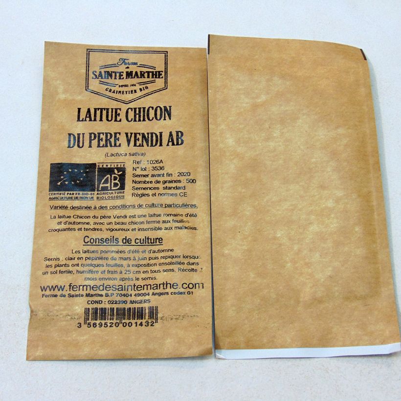 Voorbeeld van een exemplaar van Romaine sla Romaine Chicon du Père Vendi  BIO - Ferme de Sainte Marthe het zakje met 500 zaden zoals geleverd