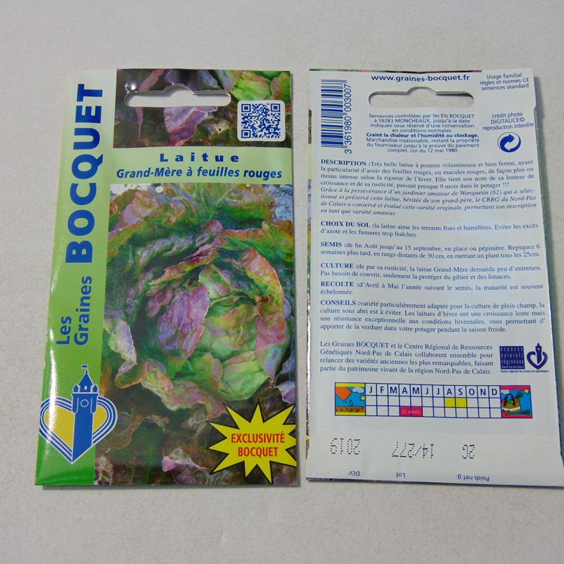 Voorbeeld van een exemplaar van Kropsla Grand-mère met rood blad het zakje met 1600 zaden (2g) zoals geleverd