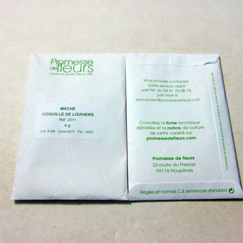Voorbeeld van een exemplaar van Veldsla Schelp van Louviers het zakje met 3000 zaden (4g) zoals geleverd