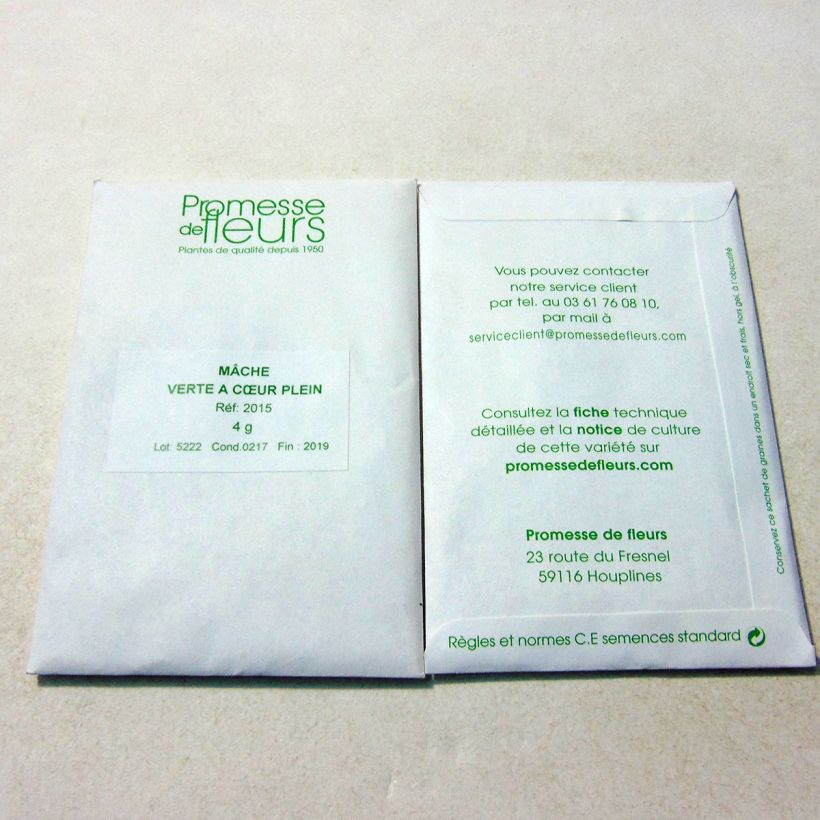 Voorbeeld van een exemplaar van Veldsla Groene Volhart het zakje met 3000 zaden (4g) zoals geleverd
