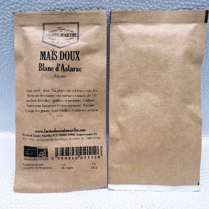 Voorbeeld van een exemplaar van Suikermaïs Witte van Astarac BIO - Ferme de Sainte Marthe het zakje met 50 zaden zoals geleverd