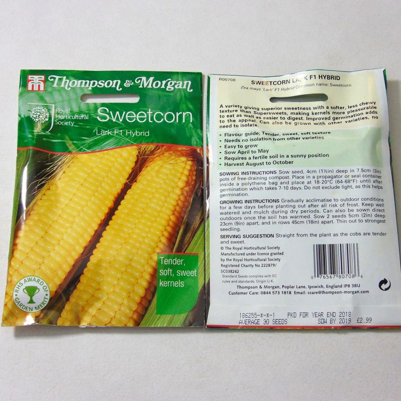 Voorbeeld van een exemplaar van Suikermaïs Lark F1 het zakje met 30 zaden zoals geleverd