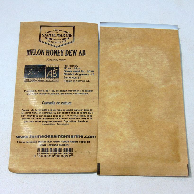 Voorbeeld van een exemplaar van Honingmeloen Honey Dew BIO - Ferme de Sainte Marthe het zakje met 15 zaden zoals geleverd