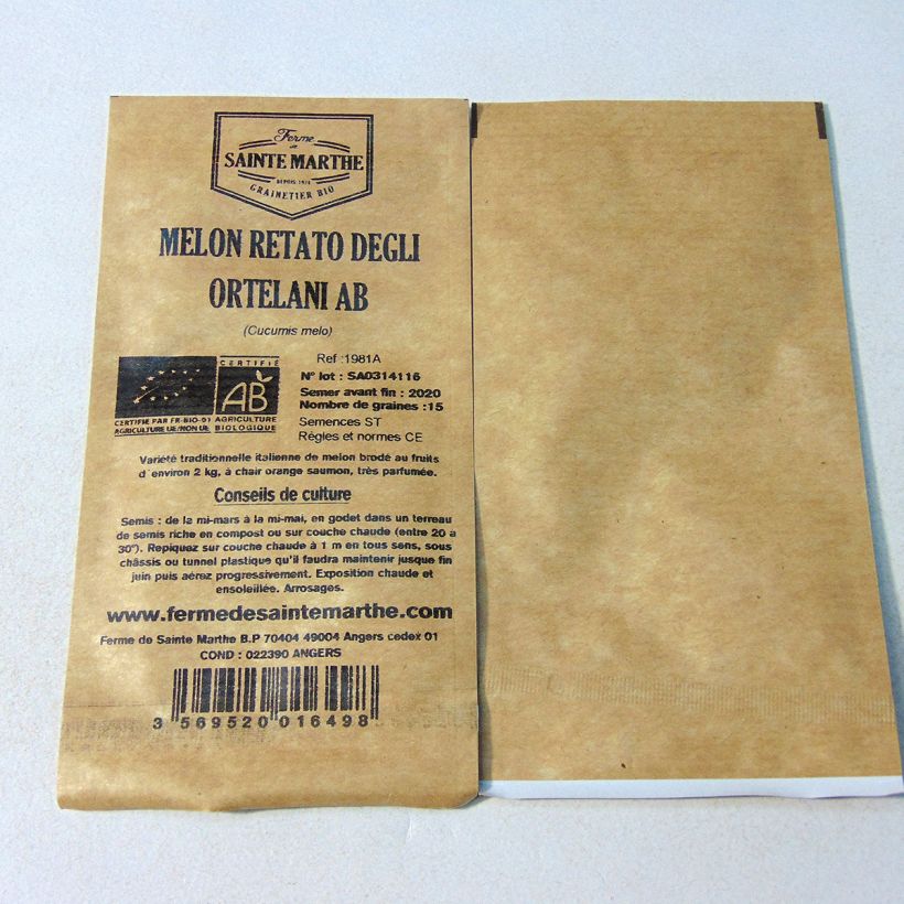 Voorbeeld van een exemplaar van Meloen Retato Degli Ortolani BIO - Ferme de Sainte Marthe het zakje met 15 zaden (Sachet de 15 grainesg) zoals geleverd