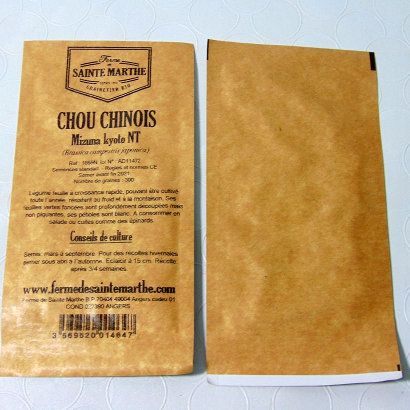 Voorbeeld van een exemplaar van Mizuna Kyoto - Ferme de Sainte Marthe het zakje met 300 zaden zoals geleverd