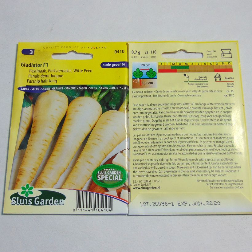 Voorbeeld van een exemplaar van Pastinaak Gladiator F1 het zakje met 110 zaden zoals geleverd