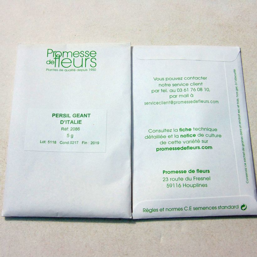 Voorbeeld van een exemplaar van Bladpeterselie Gigante d'Italia het zakje met 1700 zaden (5g) zoals geleverd