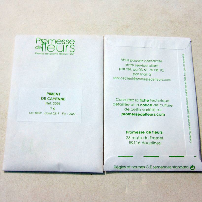 Voorbeeld van een exemplaar van Cayennepeper het zakje met 110 zaden (1g) zoals geleverd