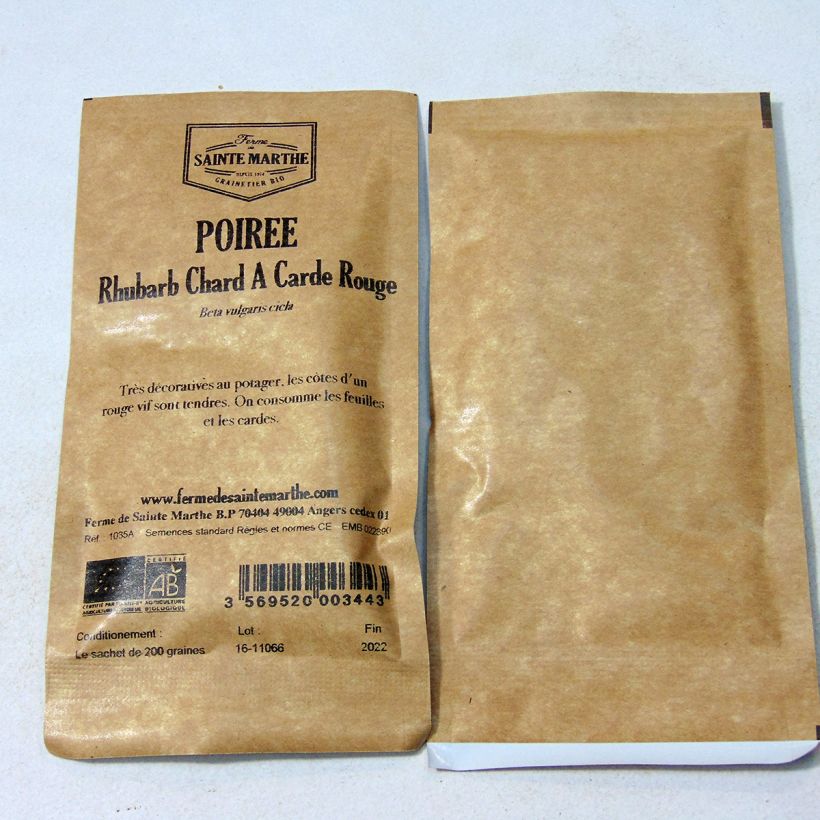 Voorbeeld van een exemplaar van Snijbiet Rhubarb Chard BIO - Ferme de Sainte Marthe het zakje met 100 zaden (4g) zoals geleverd