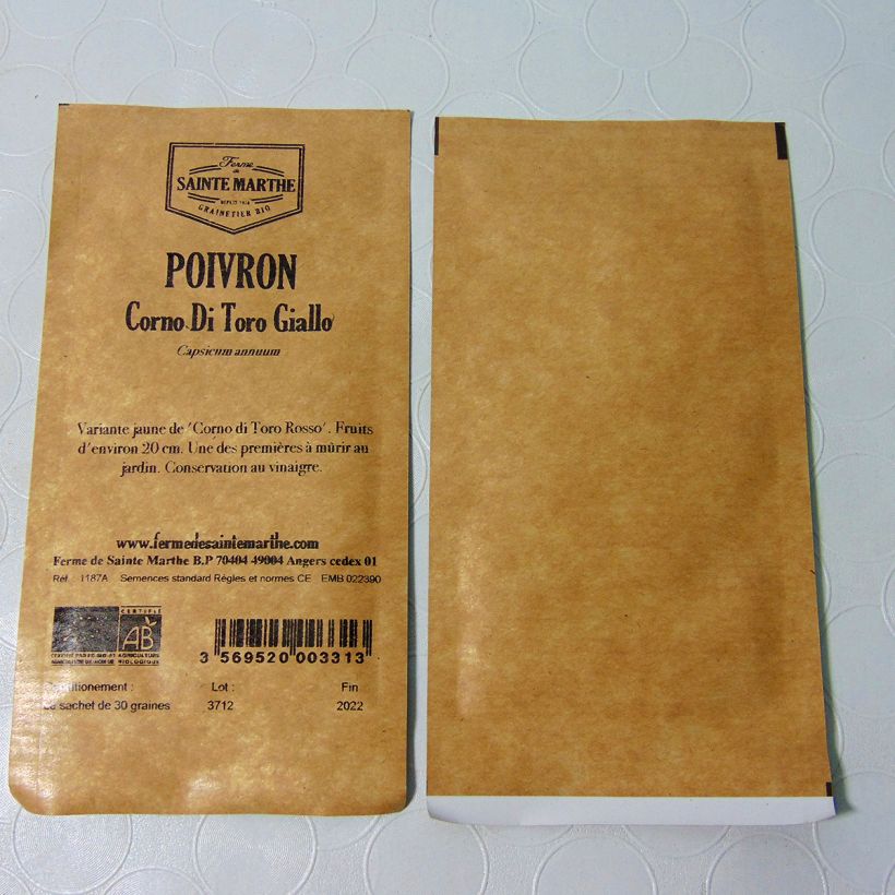 Voorbeeld van een exemplaar van Puntpaprika Corno di Toro Giallo BIO - Ferme de Sainte Marthe het zakje met 30 zaden zoals geleverd