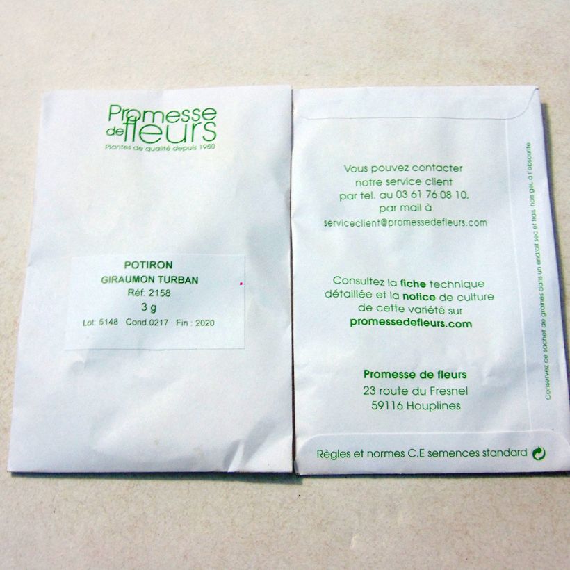 Voorbeeld van een exemplaar van Tulbandpompoen Giraumon Turban het zakje met 10 zaden (3g) zoals geleverd