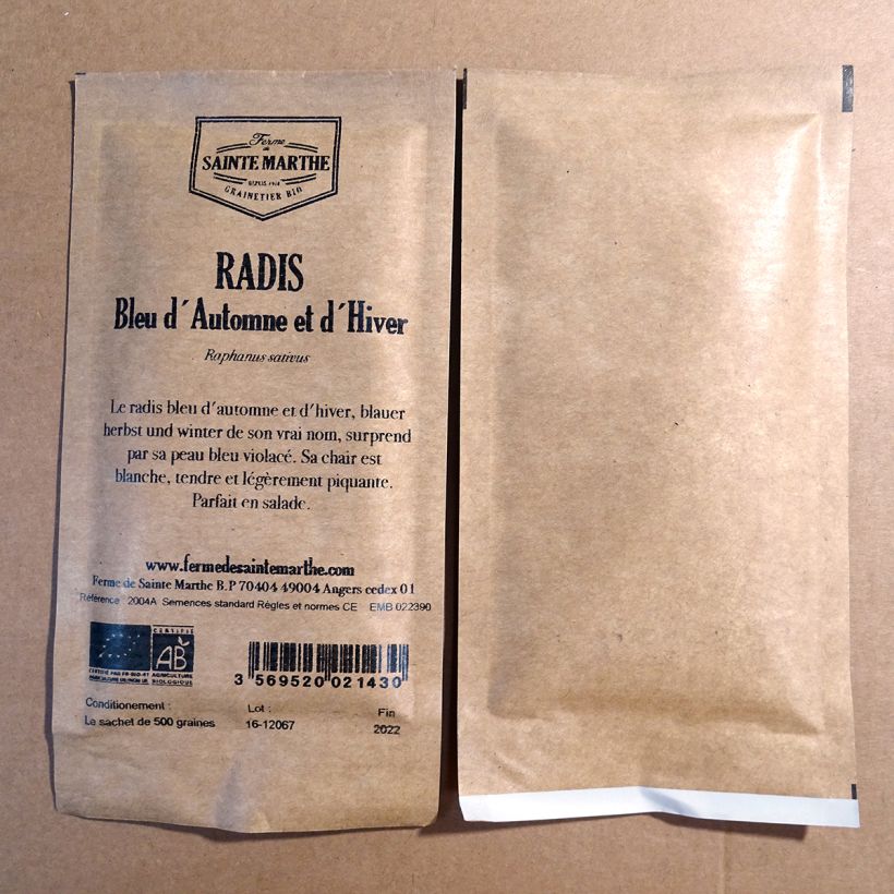 Voorbeeld van een exemplaar van Blauwe herfstradijs en winterradijs BIO - Ferme de Sainte Marthe het zakje met 500 zaden zoals geleverd