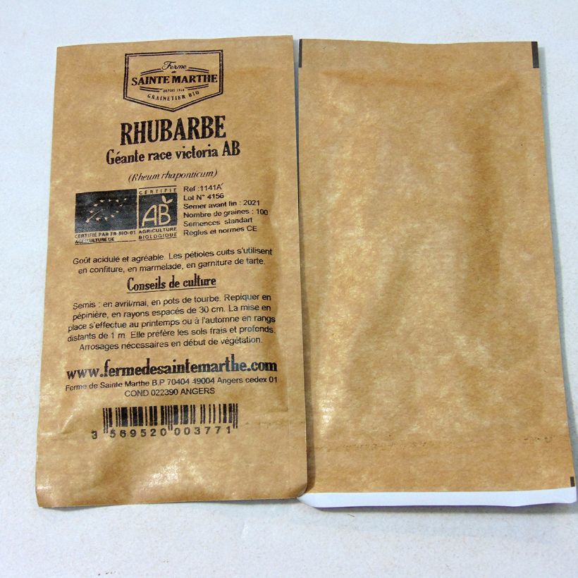 Voorbeeld van een exemplaar van Rabarber Victoria BIO - Ferme de Sainte Marthe het zakje met 100 zaden (1g) zoals geleverd