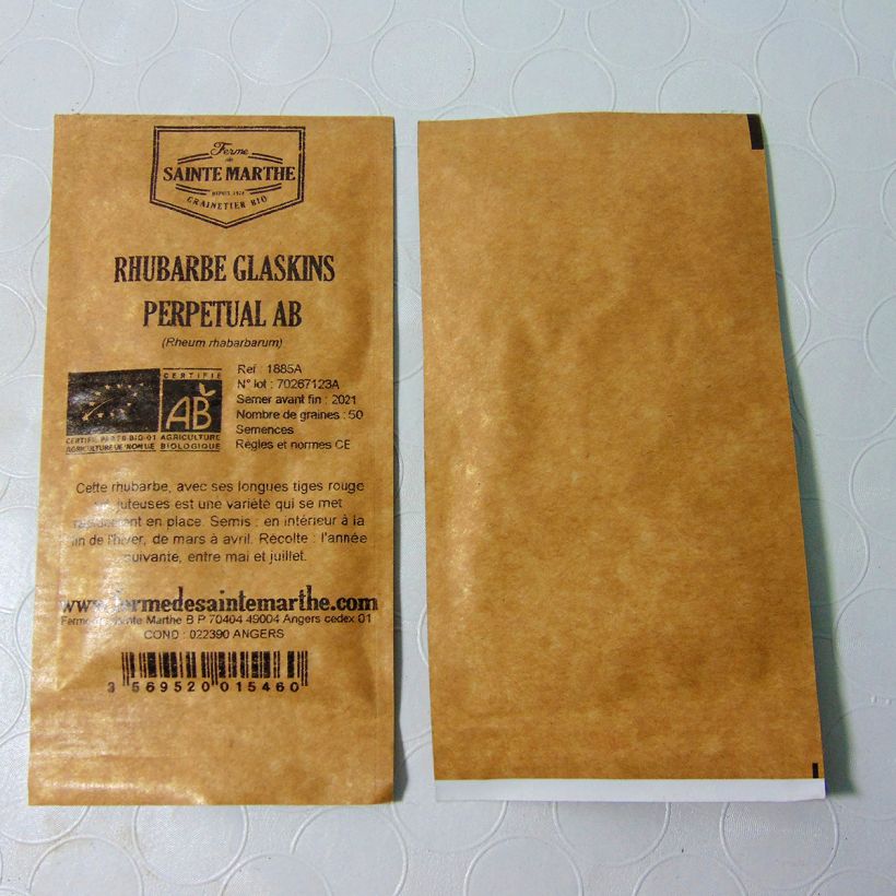 Voorbeeld van een exemplaar van Rabarber Glaskins Perpetual BIO Ferme de Sainte-Marthe het zakje met 50 zaden zoals geleverd