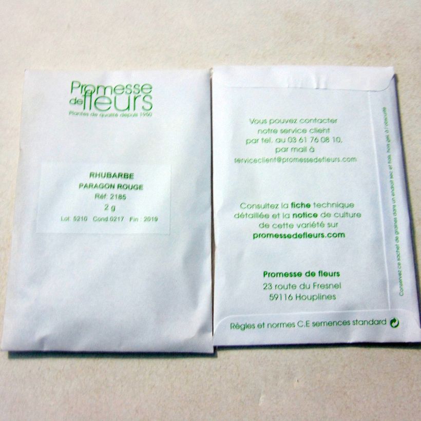 Voorbeeld van een exemplaar van Rabarber Paragon Rouge het zakje met 125 zaden (2g) zoals geleverd