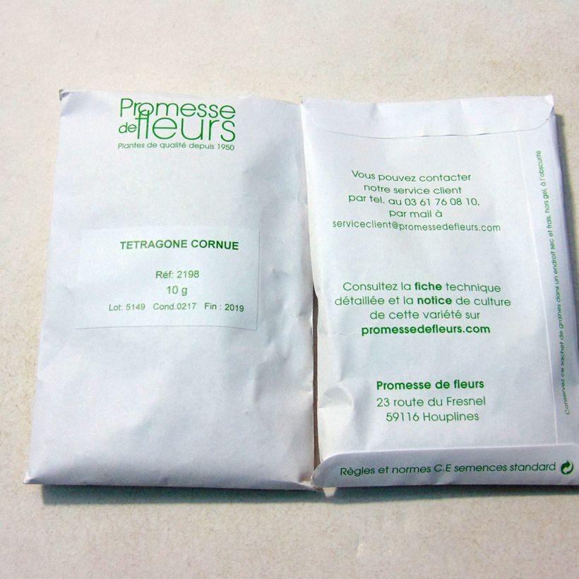 Voorbeeld van een exemplaar van Nieuw-Zeelandse spinazie - Tetragonia tetragonoides het zakje met 120 zaden (8g) zoals geleverd