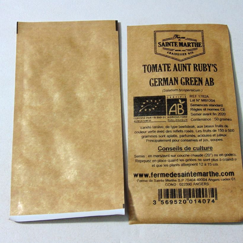 Voorbeeld van een exemplaar van Tomaat Aunt Ruby's German Green BIO - Ferme de Sainte Marthe het zakje met 50 zaden zoals geleverd