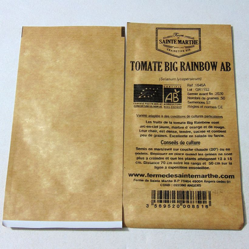 Voorbeeld van een exemplaar van Tomaat Big Rainbow BIO - Ferme de Sainte Marthe het zakje met 50 zaden zoals geleverd