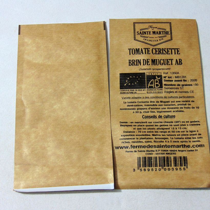 Voorbeeld van een exemplaar van Cherrytomaat Brin de Muguet BIO - Ferme de Sainte Marthe het zakje met 50 zaden zoals geleverd