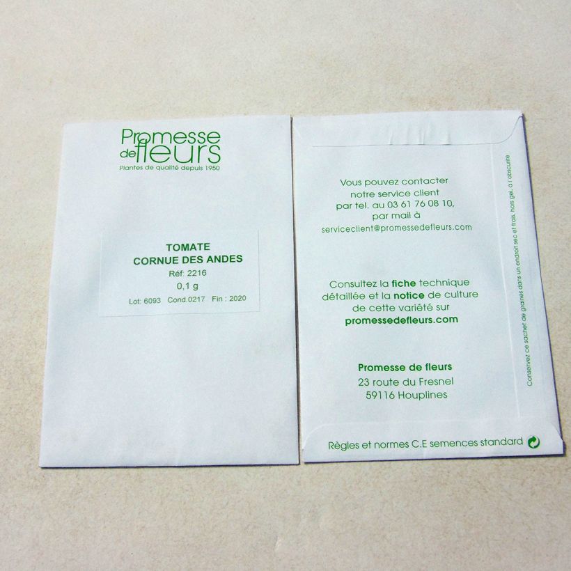 Voorbeeld van een exemplaar van Tomaat Cornue des Andes het zakje met 30 zaden (0,1g) zoals geleverd