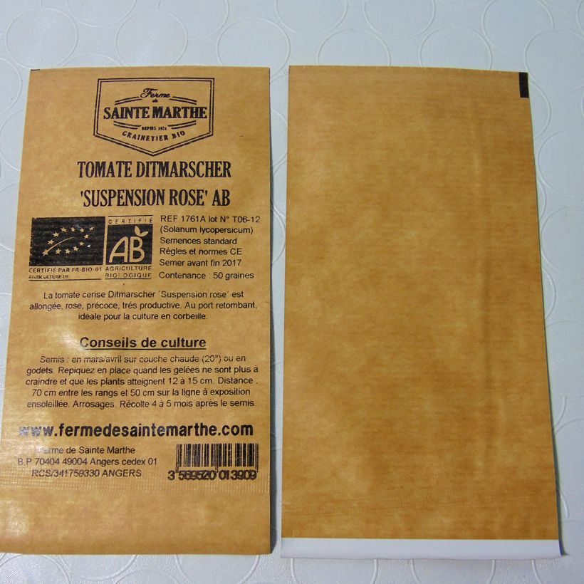 Voorbeeld van een exemplaar van Tomaat Ditmarscher Suspension Rose BIO - Ferme de Sainte Marthe het zakje met 50 zaden zoals geleverd