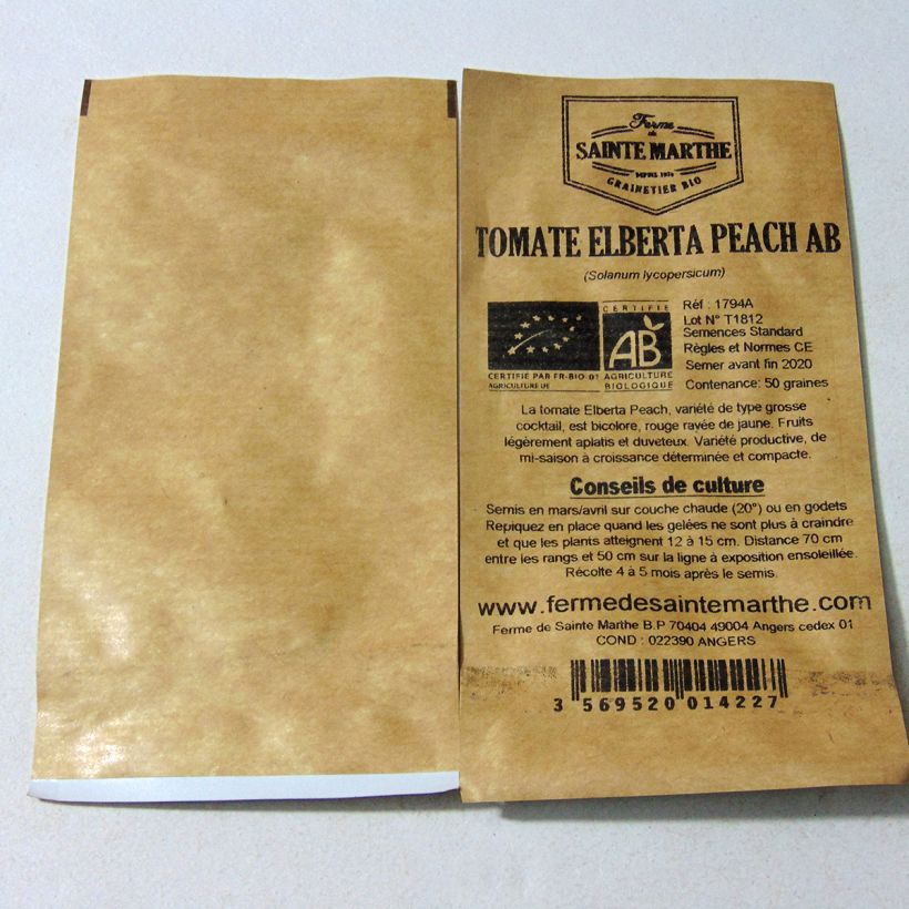 Voorbeeld van een exemplaar van Tomaat Elberta Peach BIO - Ferme de Sainte Marthe het zakje met 50 zaden zoals geleverd