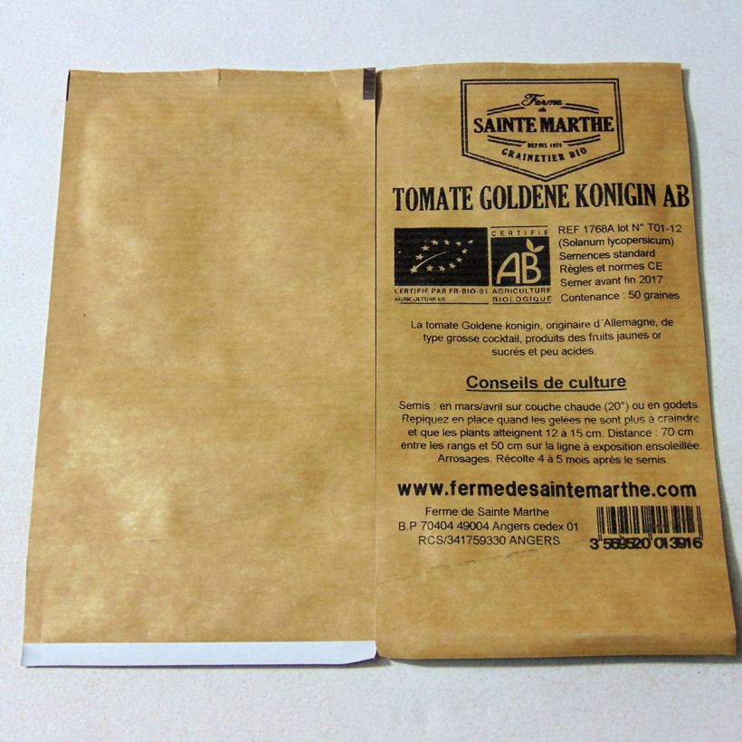 Voorbeeld van een exemplaar van Tomaat Goldene Königin BIO - Ferme de Sainte Marthe het zakje met 50 zaden zoals geleverd