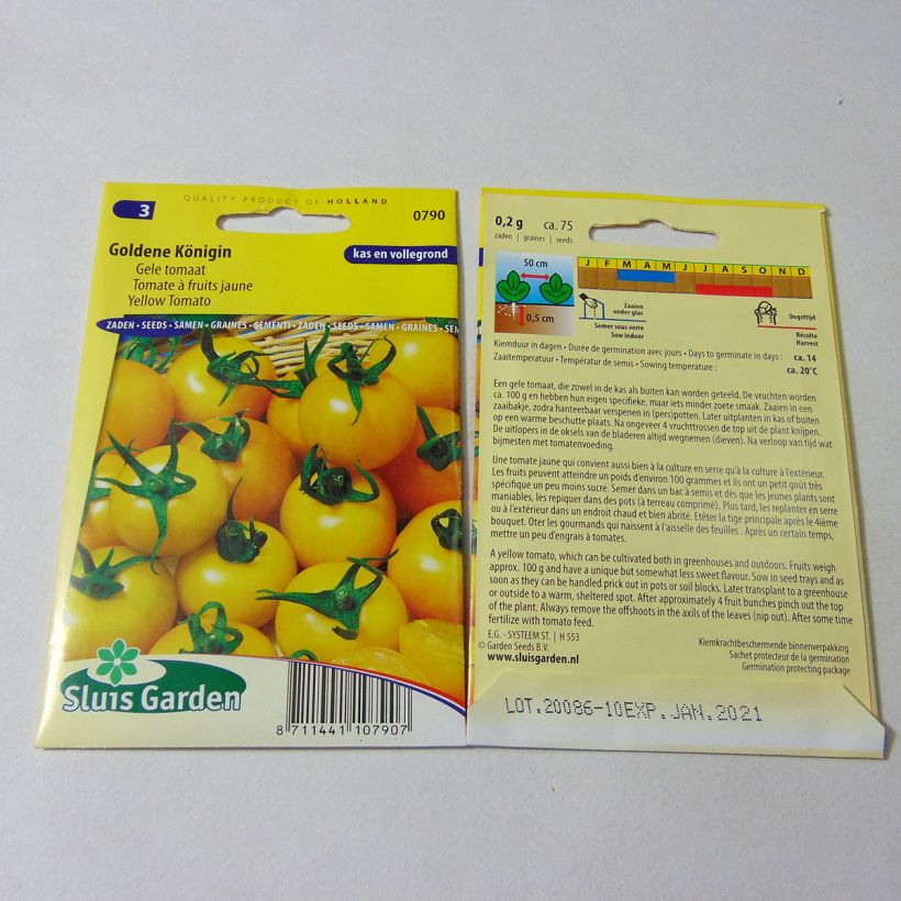 Voorbeeld van een exemplaar van Tomaat Goldene Königin het zakje met 75 zaden zoals geleverd