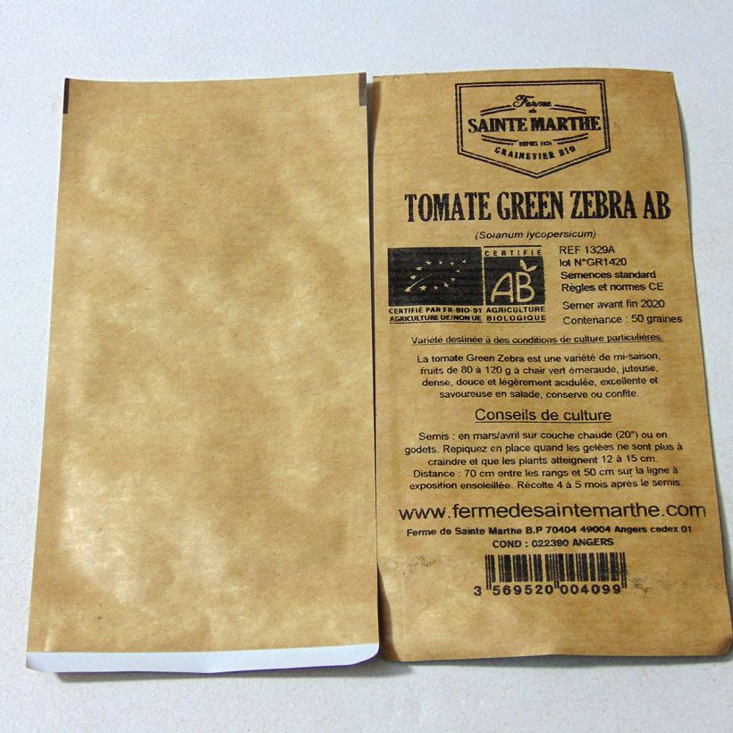 Voorbeeld van een exemplaar van Tomaat Green Zebra BIO - Ferme de Sainte Marthe het zakje met 50 zaden zoals geleverd