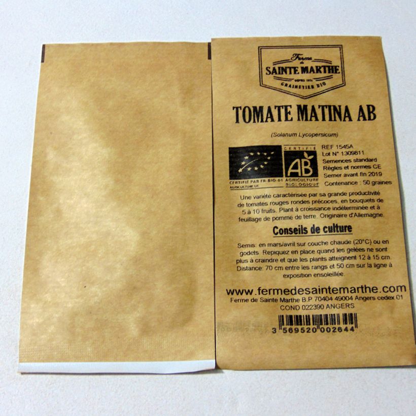Voorbeeld van een exemplaar van Tomaat Matina BIO - Ferme de Sainte Marthe het zakje met 50 zaden zoals geleverd