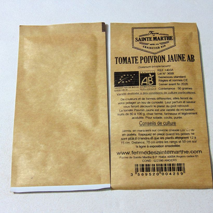 Voorbeeld van een exemplaar van Tomaat Gele Paprika BIO - Ferme de Sainte Marthe het zakje met 50 zaden zoals geleverd