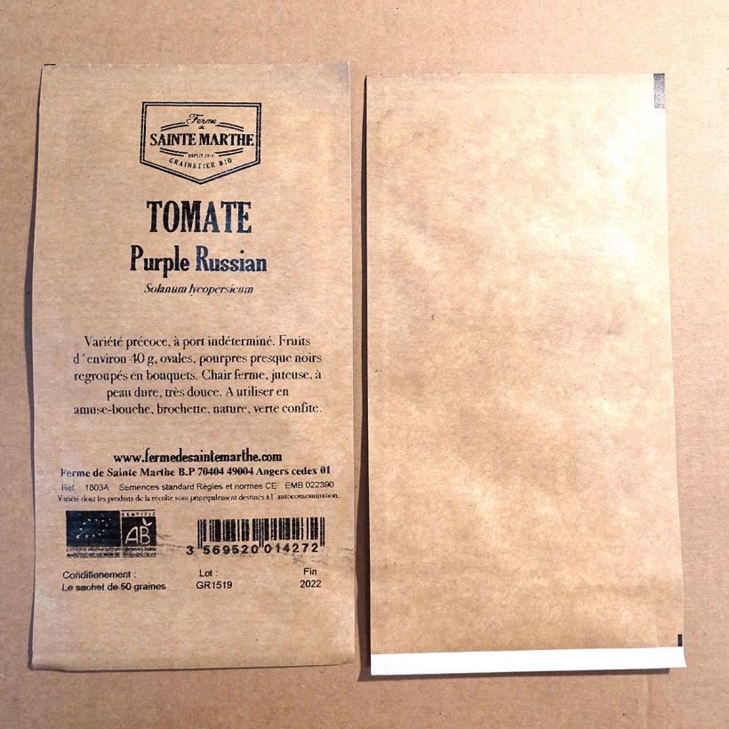 Voorbeeld van een exemplaar van Tomaat Purple Russian BIO - Ferme de Sainte Marthe het zakje met 50 zaden zoals geleverd