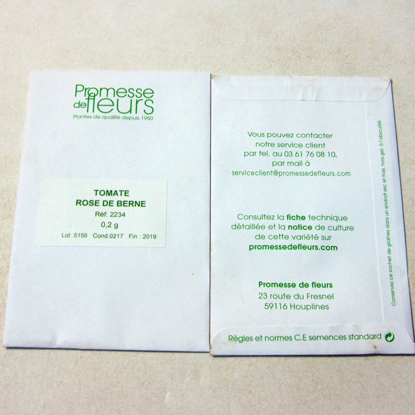 Voorbeeld van een exemplaar van Tomaat Rose de Berne het zakje met 50 zaden (0,2g) zoals geleverd