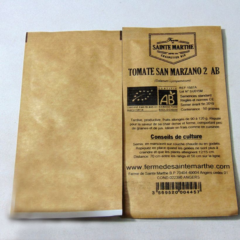 Voorbeeld van een exemplaar van Tomaat San Marzano 2 BIO - Ferme de Sainte Marthe het zakje met 50 zaden zoals geleverd