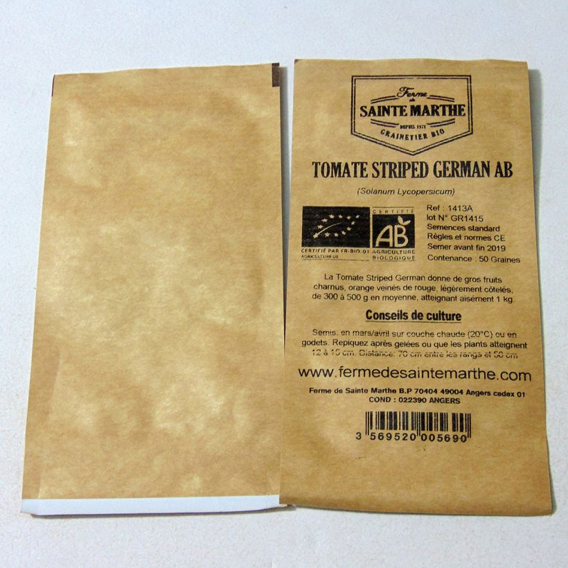 Voorbeeld van een exemplaar van Tomaat Striped German BIO - Ferme de Sainte Marthe het zakje met 50 zaden zoals geleverd