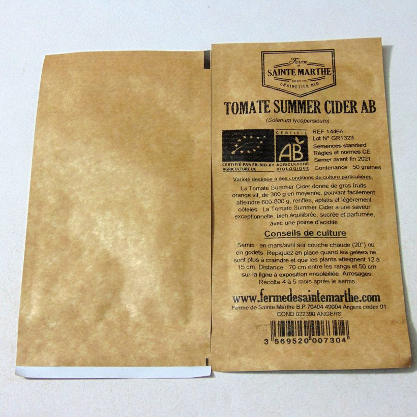 Voorbeeld van een exemplaar van Tomaat Summer Cider BIO - Ferme de Sainte Marthe het zakje met 50 zaden zoals geleverd