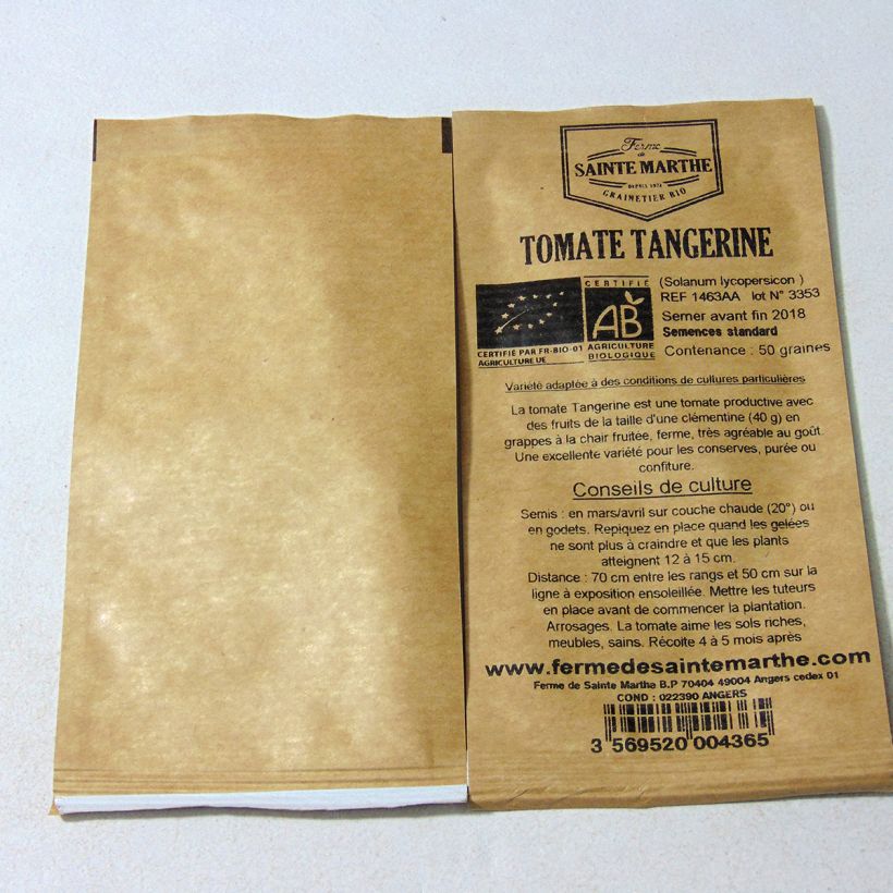 Voorbeeld van een exemplaar van Tomaat Tangerine BIO - Ferme de Sainte Marthe het zakje met 50 zaden zoals geleverd