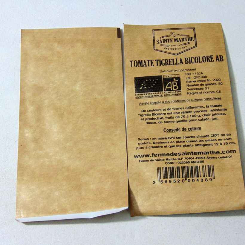 Voorbeeld van een exemplaar van Tomaat Tigerella BIO - Ferme de Sainte Marthe het zakje met 50 zaden zoals geleverd