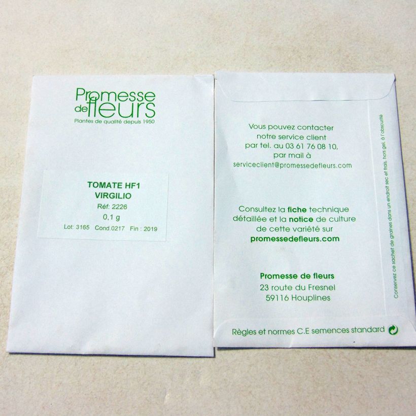 Voorbeeld van een exemplaar van Tomaat Virgilio F1 het zakje met 30 zaden (0.1g) zoals geleverd